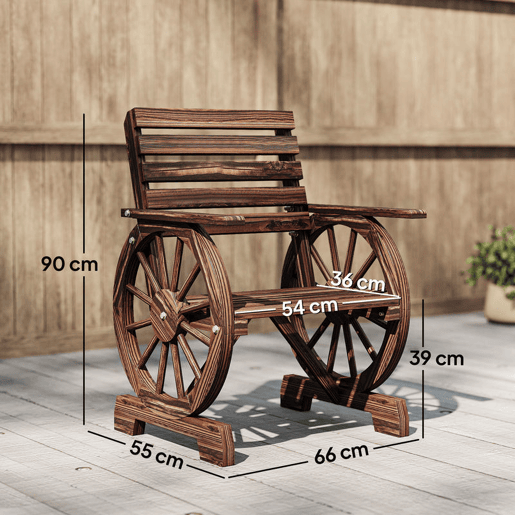 Outsunny Banco de Jardim em Madeira de 2 Lugares Assento com Braços de Roda de Carro Encosto Inclinado Estilo Rústico Capacidade 120 kg para Pátio Terraço Parque 66x55x90 cm, Carbonizado