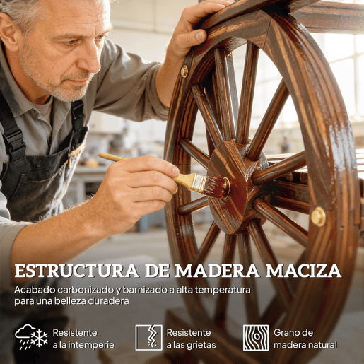 Outsunny Banco de Jardim em Madeira de 2 Lugares Assento com Braços de Roda de Carro Encosto Inclinado Estilo Rústico Capacidade 120 kg para Pátio Terraço Parque 66x55x90 cm, Carbonizado
