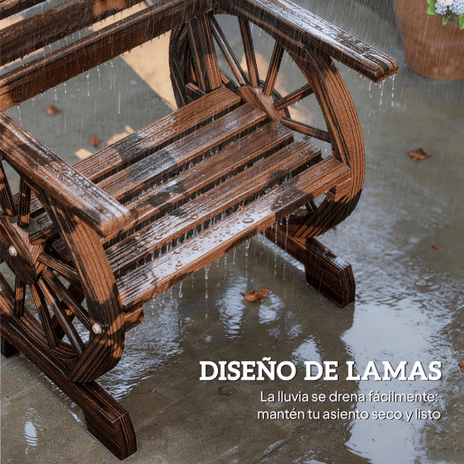 Outsunny Banco de Jardim em Madeira de 2 Lugares Assento com Braços de Roda de Carro Encosto Inclinado Estilo Rústico Capacidade 120 kg para Pátio Terraço Parque 66x55x90 cm, Carbonizado