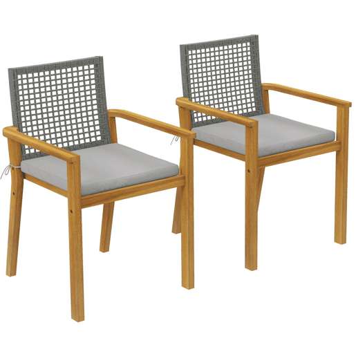Outsunny Conjunto de 2 Cadeiras de Jardim em Madeira Cadeiras Empilháveis com Almofadas Removíveis Braços Encosto em Vime PE Capacidade 160 kg para Terraço 59x55x86 cm Madeira