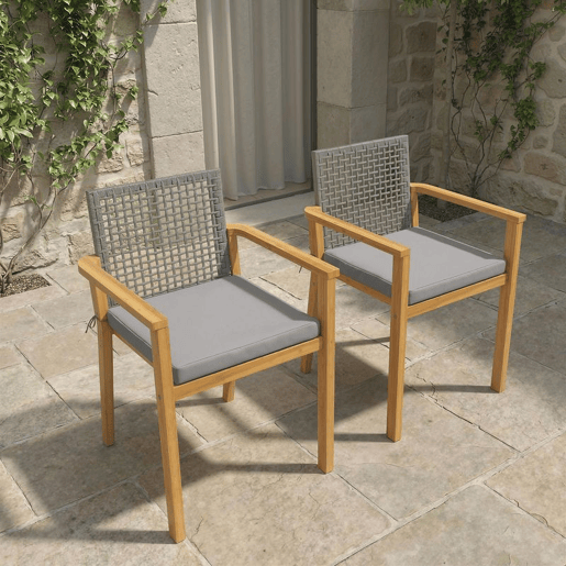 Outsunny Conjunto de 2 Cadeiras de Jardim em Madeira Cadeiras Empilháveis com Almofadas Removíveis Braços Encosto em Vime PE Capacidade 160 kg para Terraço 59x55x86 cm Madeira