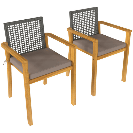 Outsunny Conjunto de 2 Cadeiras de Jardim em Madeira Cadeiras Empilháveis com Almofadas Removíveis Braços Encosto em Vime PE Capacidade 160 kg para Terraço 59x55x86 cm Madeira