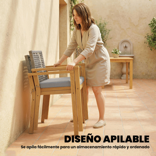 Outsunny Conjunto de 2 Cadeiras de Jardim em Madeira Cadeiras Empilháveis com Almofadas Removíveis Braços Encosto em Vime PE Capacidade 160 kg para Terraço 59x55x86 cm Madeira