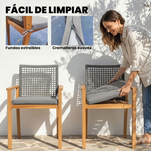 Outsunny Conjunto de 2 Cadeiras de Jardim em Madeira Cadeiras Empilháveis com Almofadas Removíveis Braços Encosto em Vime PE Capacidade 160 kg para Terraço 59x55x86 cm Madeira