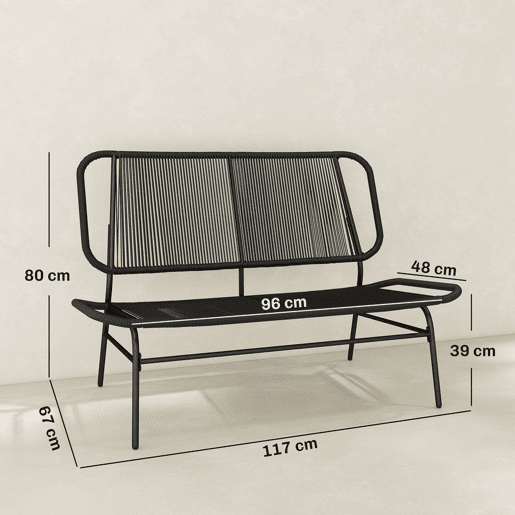 Outsunny Banco de Exterior em Ratã 2 Lugares, Banco de Jardim com Assento e Encosto em Ratã PE, Estrutura em Aço, Suporta 240 kg, para Varanda, Alpendre, Pátio, Preto