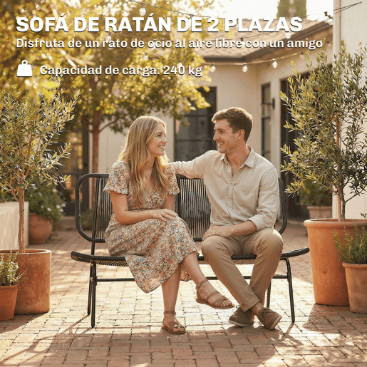 Outsunny Banco de Exterior em Ratã 2 Lugares, Banco de Jardim com Assento e Encosto em Ratã PE, Estrutura em Aço, Suporta 240 kg, para Varanda, Alpendre, Pátio, Preto