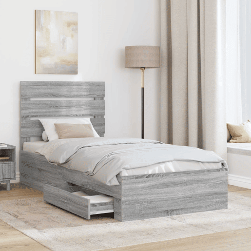 Estrutura de cama de solteiro para adultos com gaveta Cinza Sonoma e Prata 75 x 190 cm