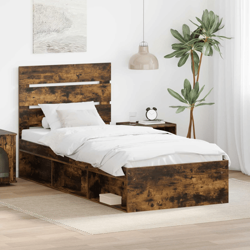 Estrutura de cama de solteiro para adultos com Cabeceira - Carvalho Defumado 100 x 200 cm