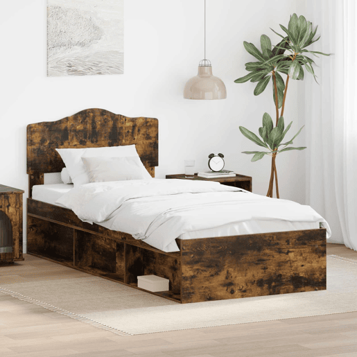 Estrutura de cama de solteiro para adultos com Cabeceira - Carvalho Defumado 100 x 200 cm