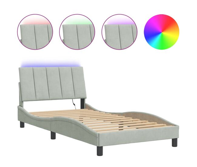 Estructura de cama individual para adultos con led terciopelo gris claro 100x200 cm