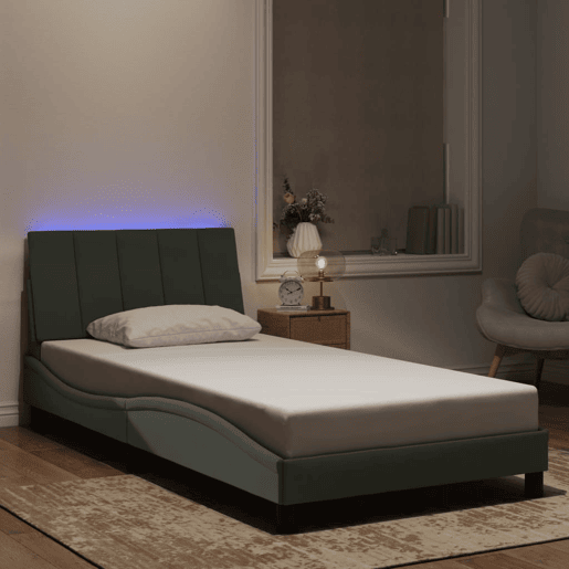 Estrutura de cama de solteiro simple com LED 100x200 cm veludo cinzento-claro