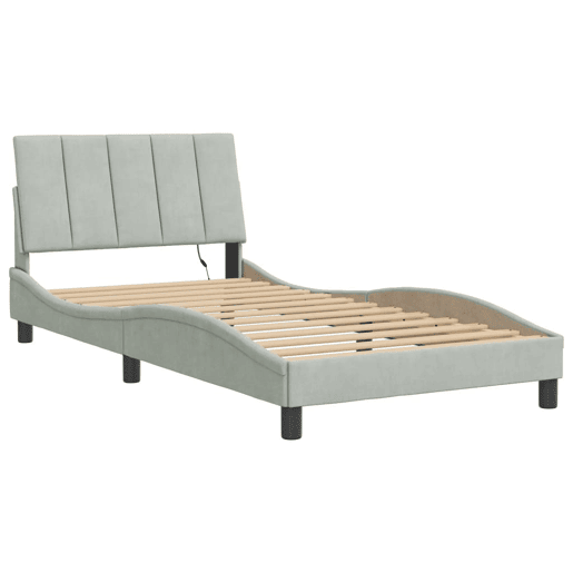 Estrutura de cama de solteiro simple com LED 100x200 cm veludo cinzento-claro