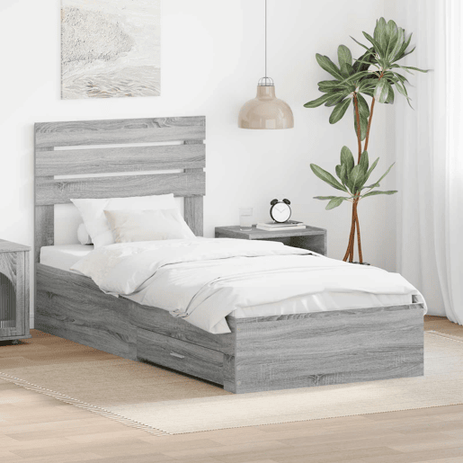 Estrutura de cama de solteiro para adultos com gaveta Cinza Sonoma e Prata 75 x 190 cm