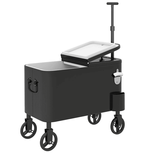 Outsunny Carrinho Frigorífico de 56L com Rodas, Carrinho de Bebidas com Pega Ajustável, Abre-garrafas Recolhedor de Tampas Dreno e Mesa para Jardim Exterior, Festas BBQ 75x35x120 cm Preto