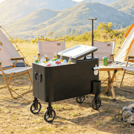 Outsunny Carrinho Frigorífico de 56L com Rodas, Carrinho de Bebidas com Pega Ajustável, Abre-garrafas Recolhedor de Tampas Dreno e Mesa para Jardim Exterior, Festas BBQ 75x35x120 cm Preto