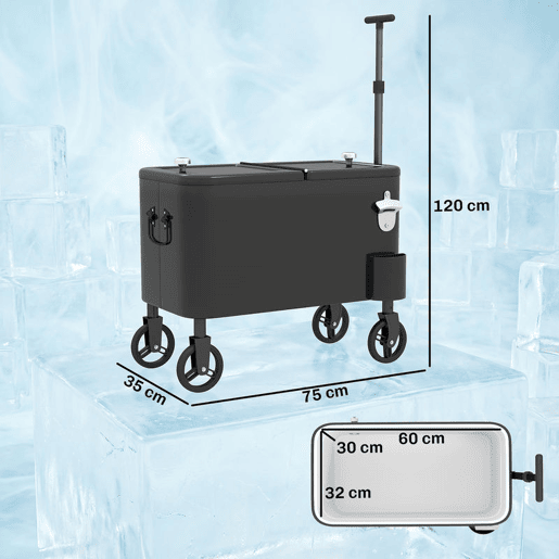 Outsunny Carrinho Frigorífico de 56L com Rodas, Carrinho de Bebidas com Pega Ajustável, Abre-garrafas Recolhedor de Tampas Dreno e Mesa para Jardim Exterior, Festas BBQ 75x35x120 cm Preto
