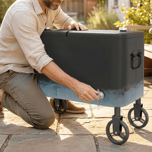 Outsunny Carrinho Frigorífico de 56L com Rodas, Carrinho de Bebidas com Pega Ajustável, Abre-garrafas Recolhedor de Tampas Dreno e Mesa para Jardim Exterior, Festas BBQ 75x35x120 cm Preto