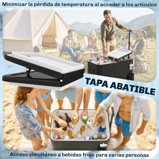 Outsunny Carrinho Frigorífico de 56L com Rodas, Carrinho de Bebidas com Pega Ajustável, Abre-garrafas Recolhedor de Tampas Dreno e Mesa para Jardim Exterior, Festas BBQ 75x35x120 cm Preto