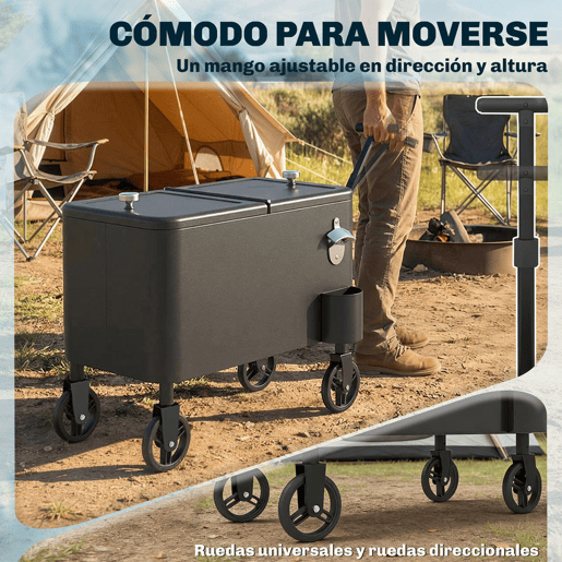 Outsunny Carrinho Frigorífico de 56L com Rodas, Carrinho de Bebidas com Pega Ajustável, Abre-garrafas Recolhedor de Tampas Dreno e Mesa para Jardim Exterior, Festas BBQ 75x35x120 cm Preto