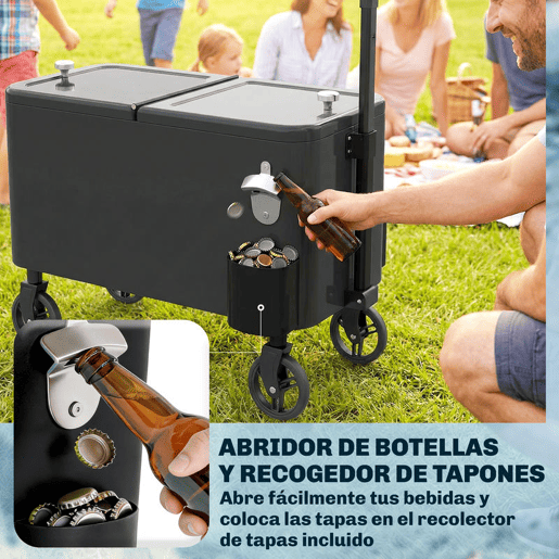 Outsunny Carrinho Frigorífico de 56L com Rodas, Carrinho de Bebidas com Pega Ajustável, Abre-garrafas Recolhedor de Tampas Dreno e Mesa para Jardim Exterior, Festas BBQ 75x35x120 cm Preto