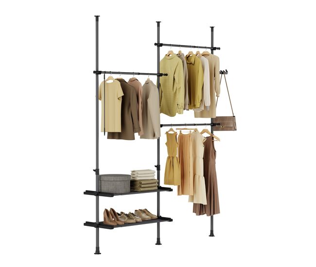 Sobuy frg34-ii-sch, perchero de pie telescópico, robusto soporte para ropa con barras y estantes, armario abierto ajustable para dormitorio, perchero negro