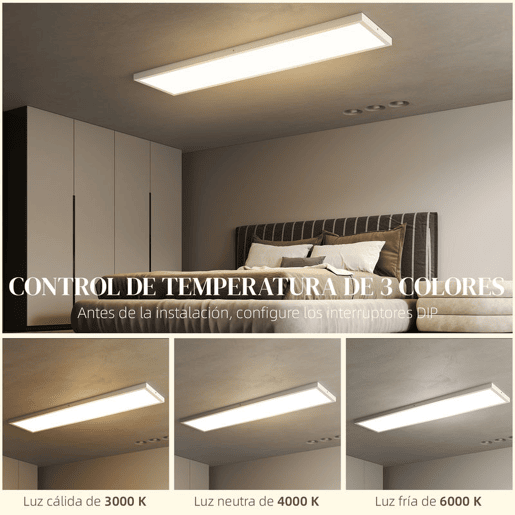 HOMCOM Conjunto de 4 Candeeiros de Teto, Reguláveis em Cor Plafons LED de Teto com Interruptor DIP e de Parede 3000K4000K6000K 5200 lm 48 W para Sala Escritório 120x30x3,7 cm Branco