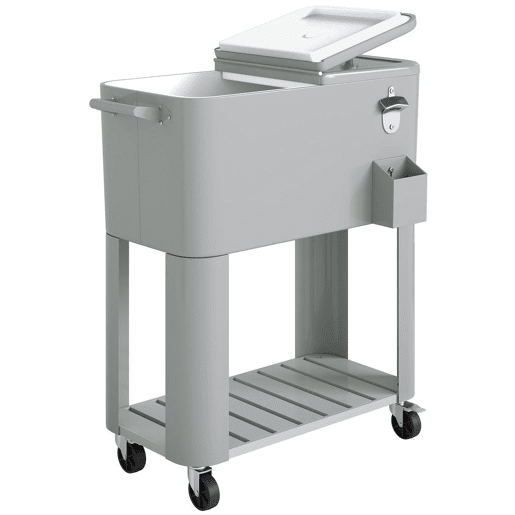 Outsunny Carrinho Refrigerador de 76L com Rodas, Carrinho de Bebidas com Prateleira, Abre-Garrafas, Coletor de Tampas, Dreno e 2 Alças, Mesa Refrigeradora Exterior para Pátio, Festa, Churrasco, 92x39x81 cm, Prata