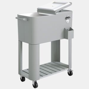 Outsunny Carrinho Refrigerador de 76L com Rodas, Carrinho de Bebidas com Prateleira, Abre-Garrafas, Coletor de Tampas, Dreno e 2 Alças, Mesa Refrigeradora Exterior para Pátio, Festa, Churrasco, 92x39x81 cm, Prata