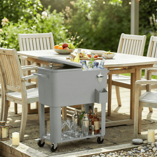 Outsunny Carrinho Refrigerador de 76L com Rodas, Carrinho de Bebidas com Prateleira, Abre-Garrafas, Coletor de Tampas, Dreno e 2 Alças, Mesa Refrigeradora Exterior para Pátio, Festa, Churrasco, 92x39x81 cm, Prata