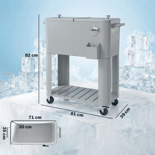 Outsunny Carrinho Refrigerador de 76L com Rodas, Carrinho de Bebidas com Prateleira, Abre-Garrafas, Coletor de Tampas, Dreno e 2 Alças, Mesa Refrigeradora Exterior para Pátio, Festa, Churrasco, 92x39x81 cm, Prata