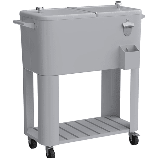 Outsunny Carrinho Refrigerador de 76L com Rodas, Carrinho de Bebidas com Prateleira, Abre-Garrafas, Coletor de Tampas, Dreno e 2 Alças, Mesa Refrigeradora Exterior para Pátio, Festa, Churrasco, 92x39x81 cm, Prata