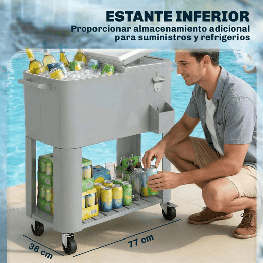 Outsunny Carrinho Refrigerador de 76L com Rodas, Carrinho de Bebidas com Prateleira, Abre-Garrafas, Coletor de Tampas, Dreno e 2 Alças, Mesa Refrigeradora Exterior para Pátio, Festa, Churrasco, 92x39x81 cm, Prata