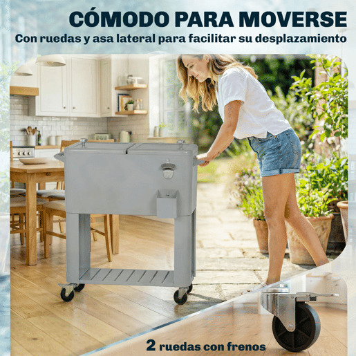 Outsunny Carrinho Refrigerador de 76L com Rodas, Carrinho de Bebidas com Prateleira, Abre-Garrafas, Coletor de Tampas, Dreno e 2 Alças, Mesa Refrigeradora Exterior para Pátio, Festa, Churrasco, 92x39x81 cm, Prata