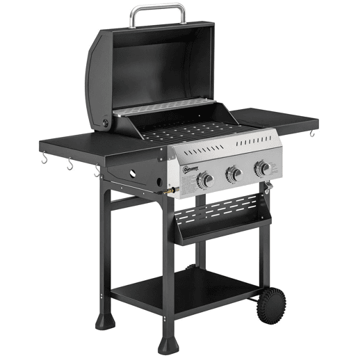 Outsunny Barbecue a Gás BBQ Gas com 3 Queimadores 9 kW Barbecue Portátil com Termómetro Mesas Laterais Dobráveis Prateleira Grelhador Aquecedor Saleiro Grelha Recolhedor de Gordura 2 Rodas Ganchos Preto