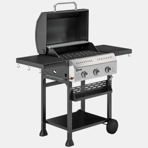 Outsunny Barbecue a Gás BBQ Gas com 3 Queimadores 9 kW Barbecue Portátil com Termómetro Mesas Laterais Dobráveis Prateleira Grelhador Aquecedor Saleiro Grelha Recolhedor de Gordura 2 Rodas Ganchos Preto