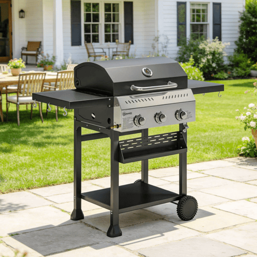 Outsunny Barbecue a Gás BBQ Gas com 3 Queimadores 9 kW Barbecue Portátil com Termómetro Mesas Laterais Dobráveis Prateleira Grelhador Aquecedor Saleiro Grelha Recolhedor de Gordura 2 Rodas Ganchos Preto