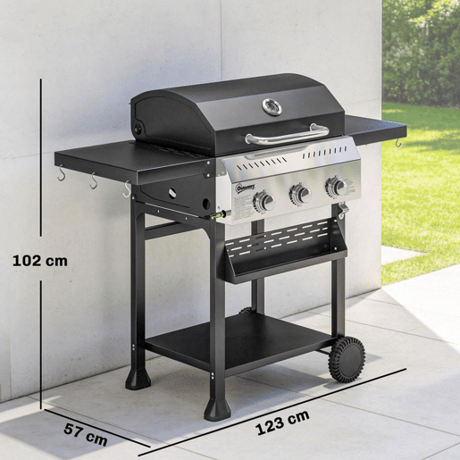 Outsunny Barbecue a Gás BBQ Gas com 3 Queimadores 9 kW Barbecue Portátil com Termómetro Mesas Laterais Dobráveis Prateleira Grelhador Aquecedor Saleiro Grelha Recolhedor de Gordura 2 Rodas Ganchos Preto