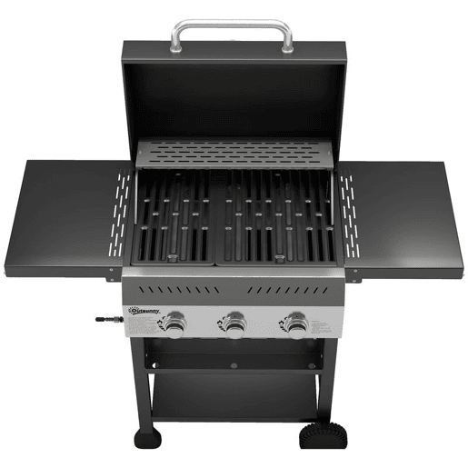 Outsunny Barbecue a Gás BBQ Gas com 3 Queimadores 9 kW Barbecue Portátil com Termómetro Mesas Laterais Dobráveis Prateleira Grelhador Aquecedor Saleiro Grelha Recolhedor de Gordura 2 Rodas Ganchos Preto