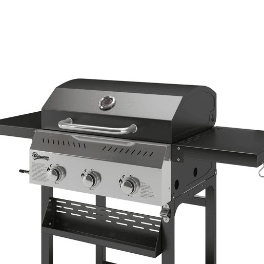 Outsunny Barbecue a Gás BBQ Gas com 3 Queimadores 9 kW Barbecue Portátil com Termómetro Mesas Laterais Dobráveis Prateleira Grelhador Aquecedor Saleiro Grelha Recolhedor de Gordura 2 Rodas Ganchos Preto