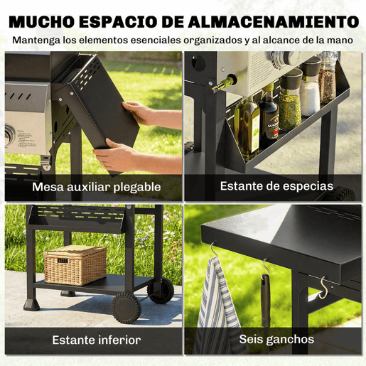 Outsunny Barbecue a Gás BBQ Gas com 3 Queimadores 9 kW Barbecue Portátil com Termómetro Mesas Laterais Dobráveis Prateleira Grelhador Aquecedor Saleiro Grelha Recolhedor de Gordura 2 Rodas Ganchos Preto