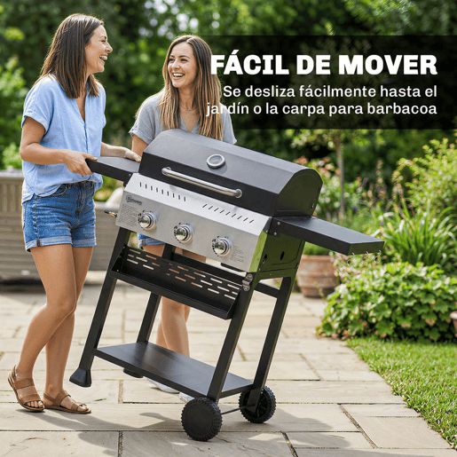 Outsunny Barbecue a Gás BBQ Gas com 3 Queimadores 9 kW Barbecue Portátil com Termómetro Mesas Laterais Dobráveis Prateleira Grelhador Aquecedor Saleiro Grelha Recolhedor de Gordura 2 Rodas Ganchos Preto