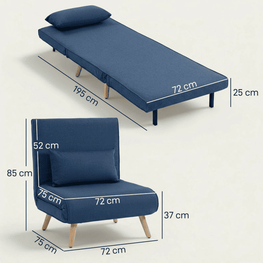 HOMCOM Sofá-Cama Individual Dobrável 3 em 1, Sofá-Cama Estofado em Linho, com Encosto Ajustável em 5 Posições, 1 Almofada, para Quarto, Sala, Azul Escuro
