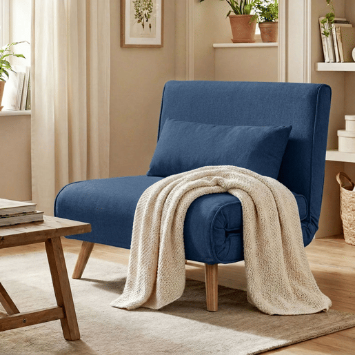 HOMCOM Sofá-Cama Individual Dobrável 3 em 1, Sofá-Cama Estofado em Linho, com Encosto Ajustável em 5 Posições, 1 Almofada, para Quarto, Sala, Azul Escuro
