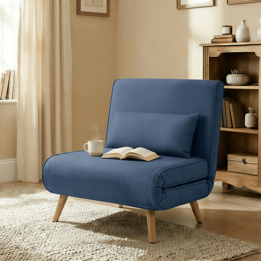 HOMCOM Sofá-Cama Individual Dobrável 3 em 1, Sofá-Cama Estofado em Linho, com Encosto Ajustável em 5 Posições, 1 Almofada, para Quarto, Sala, Azul Escuro