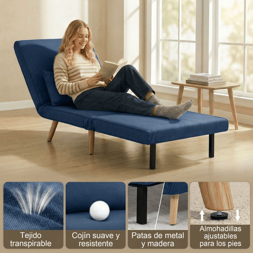 HOMCOM Sofá-Cama Individual Dobrável 3 em 1, Sofá-Cama Estofado em Linho, com Encosto Ajustável em 5 Posições, 1 Almofada, para Quarto, Sala, Azul Escuro
