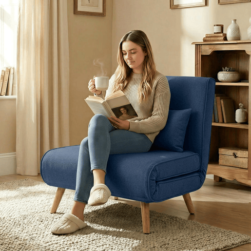 HOMCOM Sofá-Cama Individual Dobrável 3 em 1, Sofá-Cama Estofado em Linho, com Encosto Ajustável em 5 Posições, 1 Almofada, para Quarto, Sala, Azul Escuro