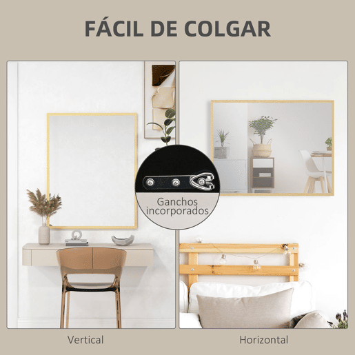 HOMCOM Espelho de Parede 70x90 cm Espelho de Casa de Banho Retangular Decorativo para Sala Entrada Corredor Horizontal ou Vertical Madeira