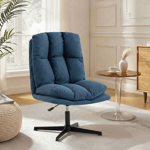 HOMCOM Cadeira de Salão, Poltrona Ergonómica Giratória 360°, Poltrona Relax com Altura Ajustável, Assento Largo, Estofada em Linho, Base de Metal para Sala de Estar, Quarto, Azul Escuro