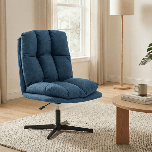 HOMCOM Cadeira de Salão, Poltrona Ergonómica Giratória 360°, Poltrona Relax com Altura Ajustável, Assento Largo, Estofada em Linho, Base de Metal para Sala de Estar, Quarto, Azul Escuro