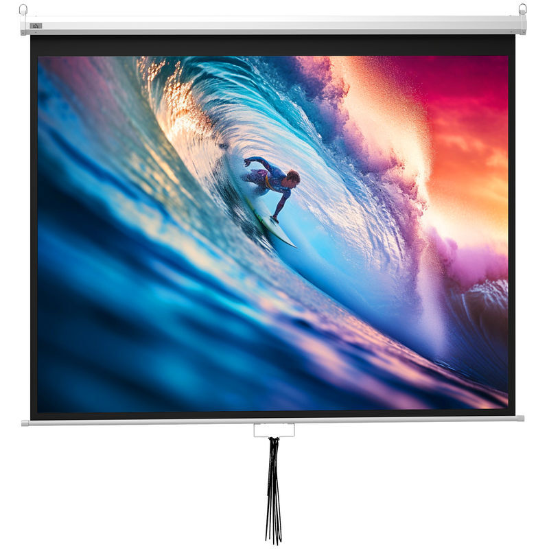 Homcom pantalla de proyector manual 100 pulgadas, pantalla de proyección, formato 4:3/16:9, para interior y exterior, cine en casa, oficina, patio, 203x152 cm, blanco